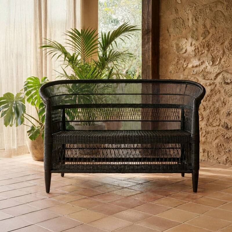 100% Solid Wood Frame Handwoven Natural Rattan Indoor Loveseat, Boho Farmhouse Accent Seating - Black