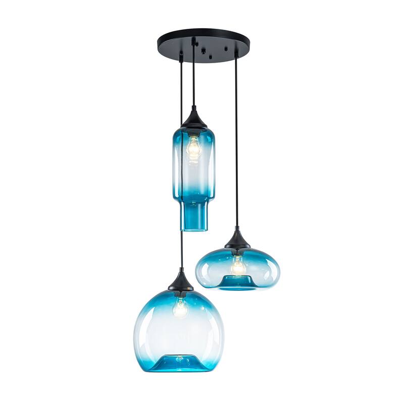 3-Light Modern Black Cluster Pendant Light Gradient Blue Glass Kitchen Island Lighting, Dining Room Ceiling Light