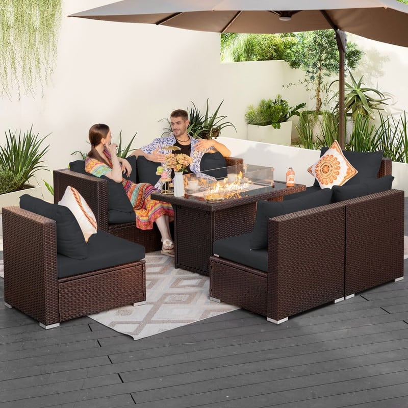 FINCATI Outdoor Wicker Patio Furniture Conversation Sectional Sofa Set - 7 PCS-A - Dark Grey