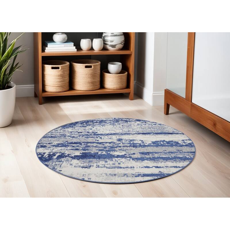 Power Loomed Geometric Abstract Modern Stain Resistant Area Rug - 60' X '60' X '0.39 - 60' X '60' X '0.39 - Oxford Blue - Round