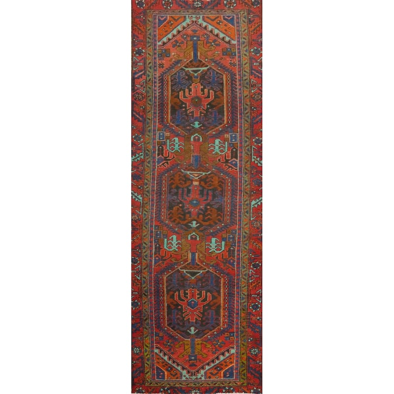 Hand Knotted Oriental 100% Wool Carpet Traditional Geometric Oranges & Rust Heriz Runner Rug - 9' 8'' X 2' 10''