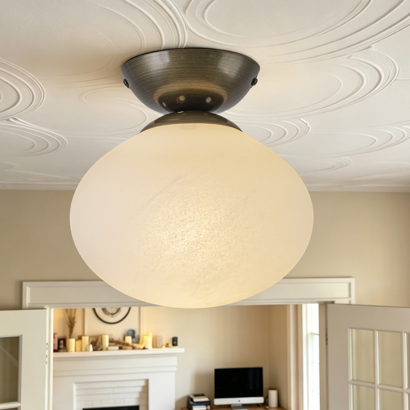 1-Light Antique Brass Dome Flush Mount Ceiling Light with Opal Glass Globe Shades