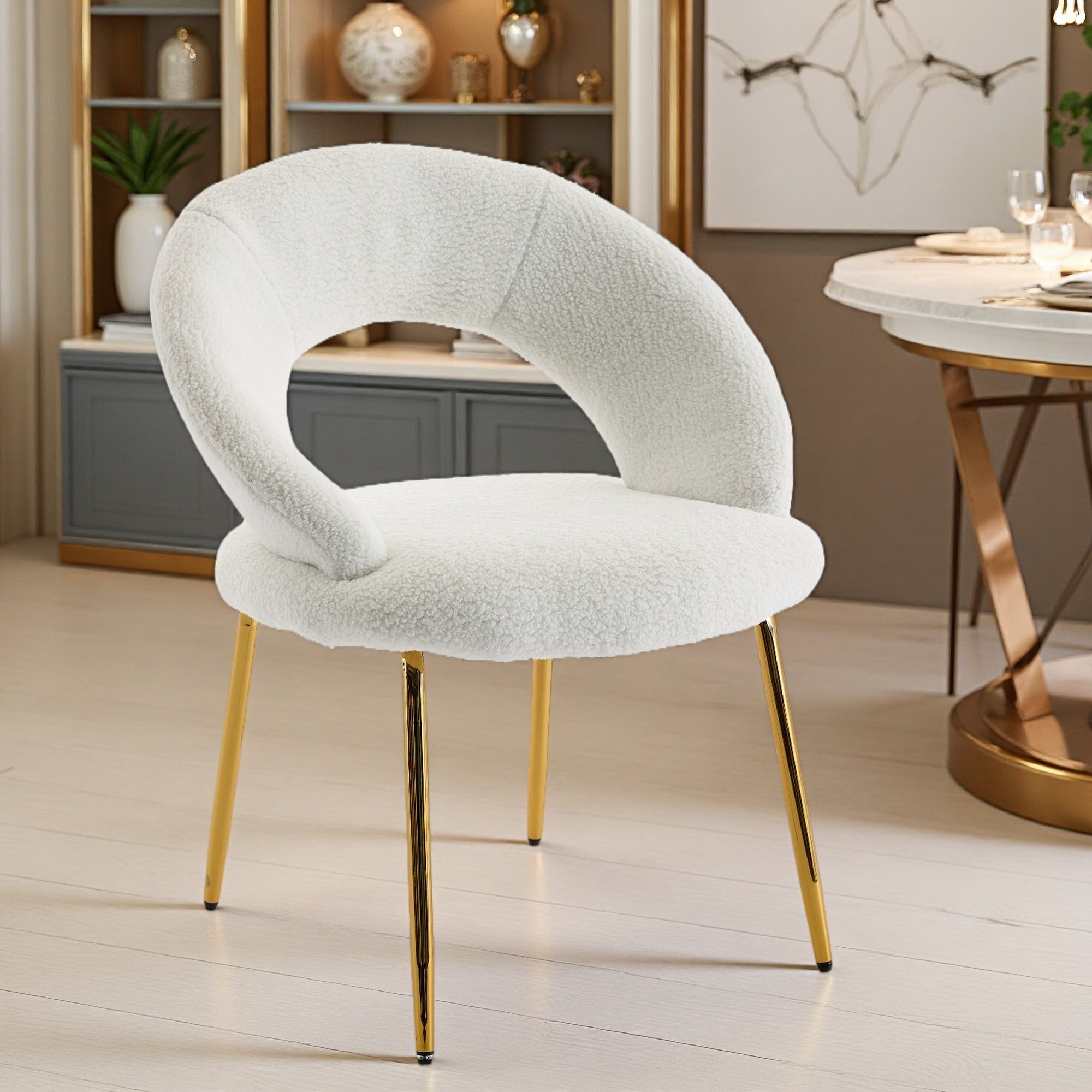 31.89" Teddy Fabric Dining Chair with Ergonomic Curved Backrest and Golden Metal Legs - Adjustable Feet, Foam Filled