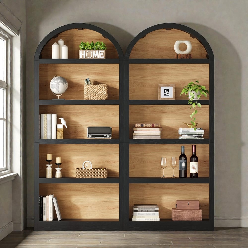 Farmhouse Tall Bookshelves Set of 2, Two Tone Arched Open Bookcase with Fabric Top, 5 Tier Storage Cabinet