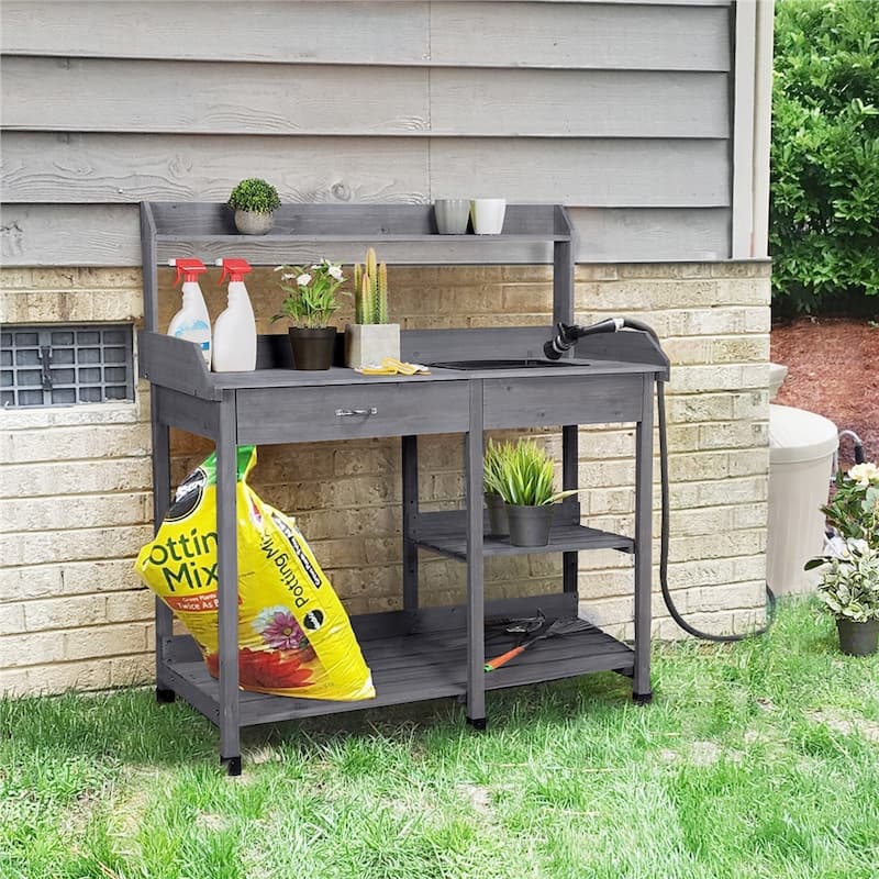 Yaheetech Garden Potting Bench Planting Bench with Sink Drawer Rack - N/A