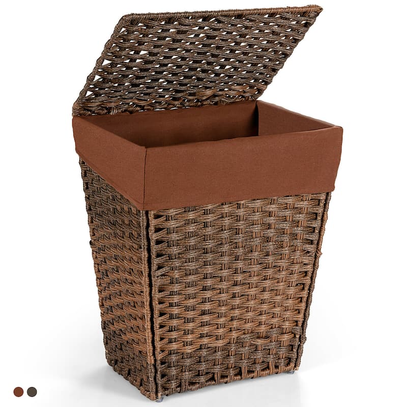 Gymax Handwoven Laundry Hamper Foldable w/Removable Liner, Lid & - 17.5'' X 12'' X 21''