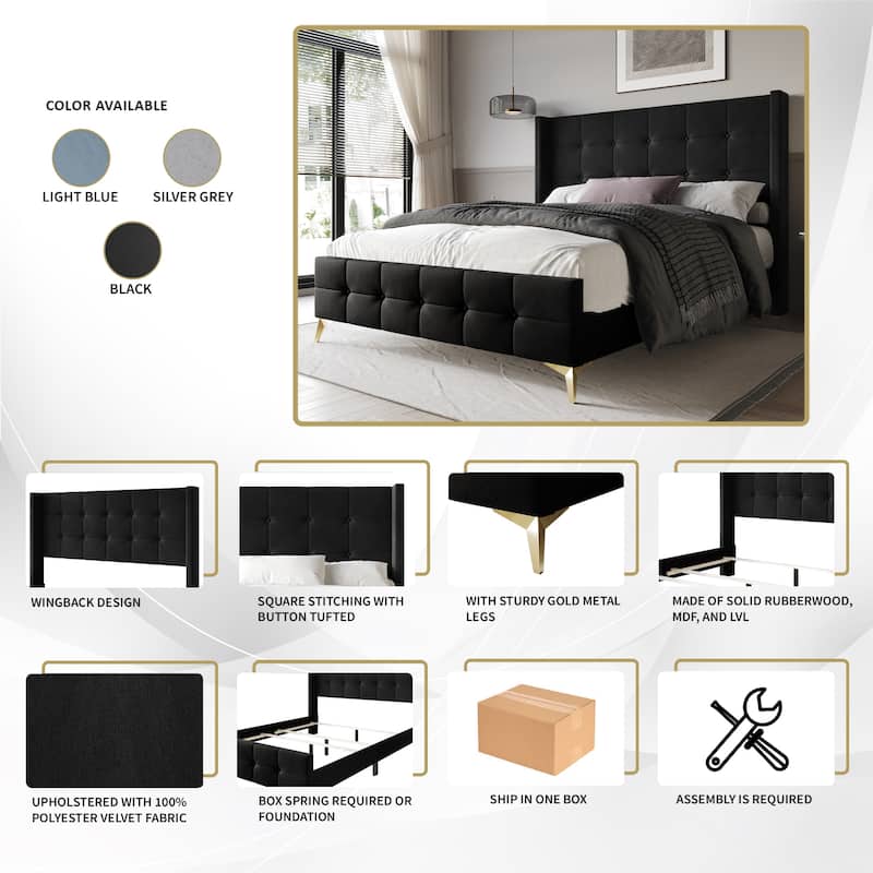 CraftPorch Luxurious Square Button-Tufted Wingback Velvet Upholstered Bed