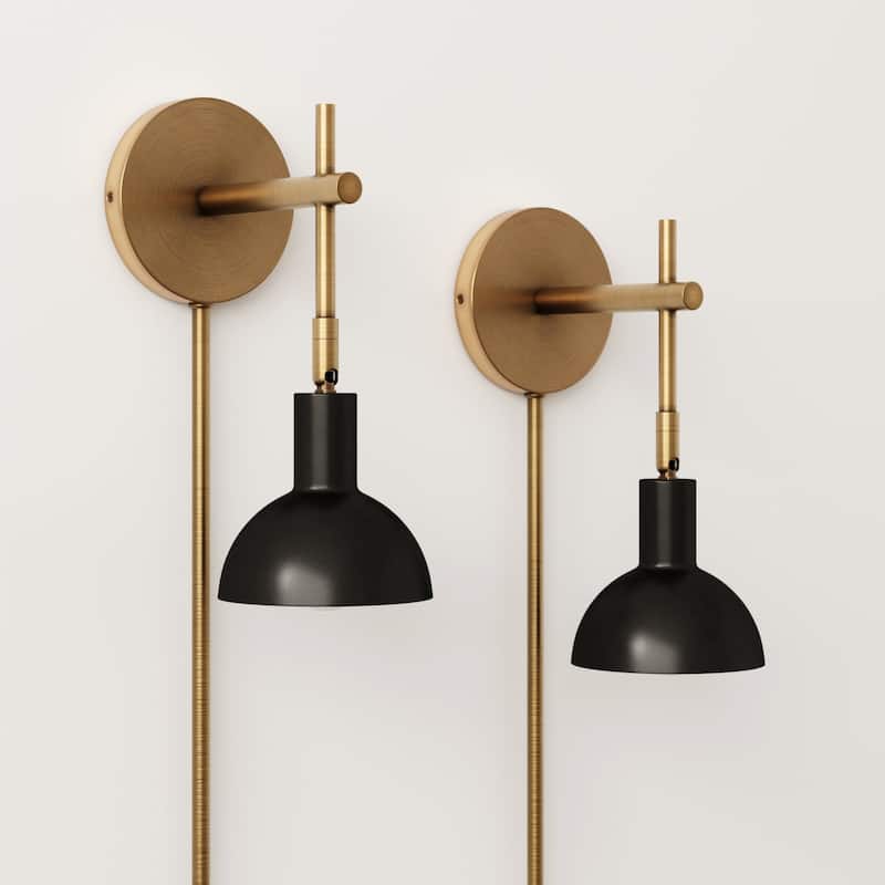 Nathan James Tamlin Wall Mounted Armed Sconce 1-Light Fixture with Plugin and On/Off Switch - Black/Brass Set of 2