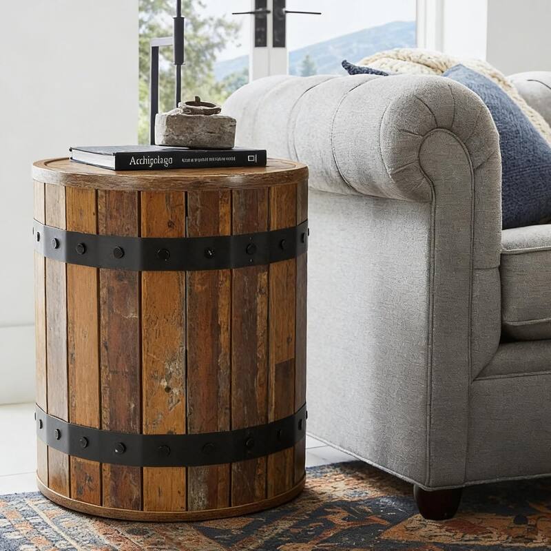 Barrel Side Table with Hidden Storage, 19.68" Round End Table, 24" Tall Sofa Side Bedside Nightstand for Living Room