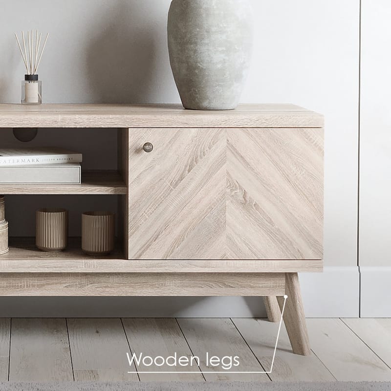 Living Skog Scandi Mid-Century Modern Herringbone TV Stand for TV Up to 65 Inches with Wooden Legs