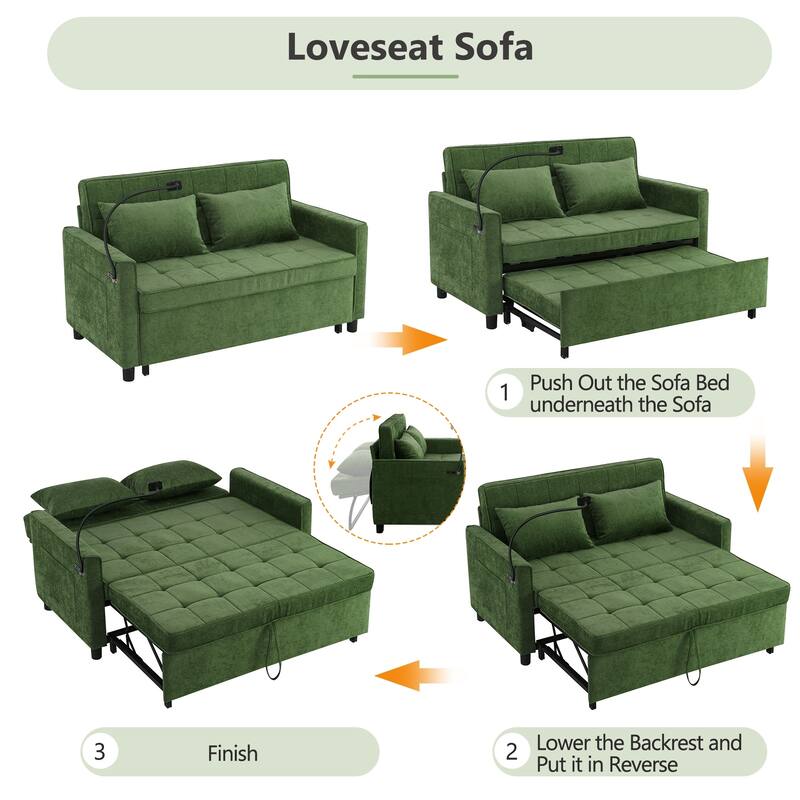 Pull-Out Sofa Bed Sleeper Sofa with A Reversible Backrest Cushion, Side Pockets, Two USB Ports and a Phone Holder