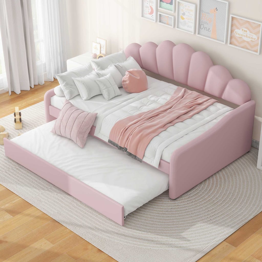 Pink Full Size Upholstery Daybed with Shall Shaped Backrest and Trundle for Bedroom