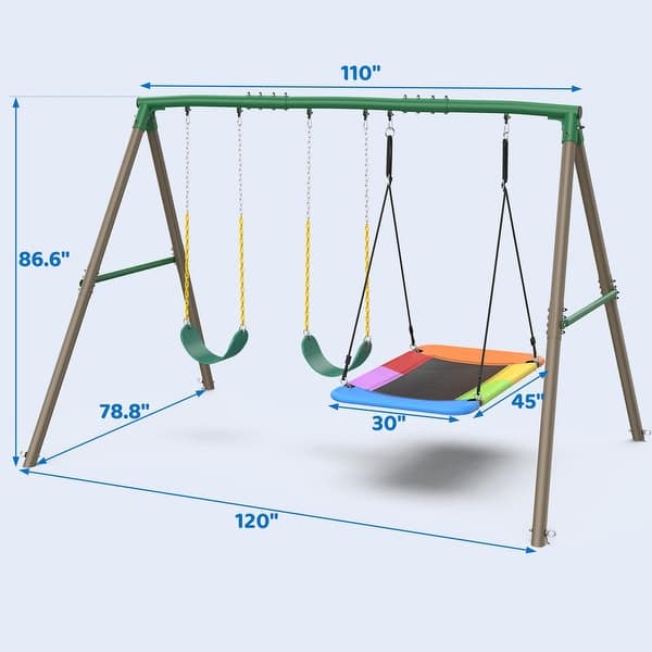 dimension image slide 0 of 4, Hapfan 7.3ft Tall 600lb Heavy Duty Swing Set with 1 Platform Swing, 2 Belt Swings,A Frame Metal Swing Set