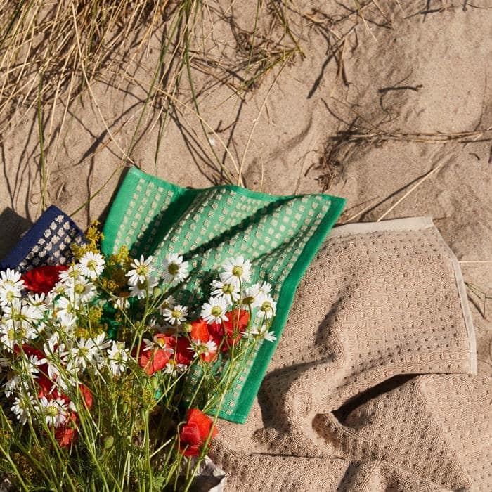 JUNA Check Towels, Green/Sand