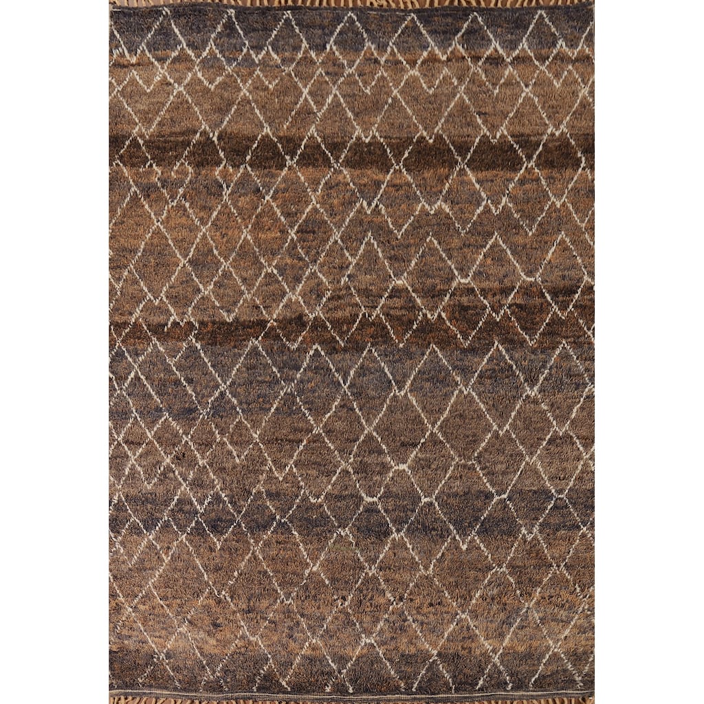 All-Over Brown Moroccan Area Rug Hand-Knotted Wool Carpet - 8'1" x 10'11"