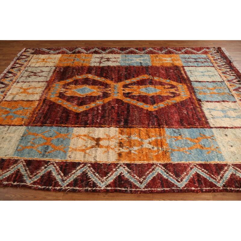 Hand Knotted Oriental 100% Wool Carpet Modern Tribal Red Moroccan Area Rug - 9' 9'' X 7' 0''