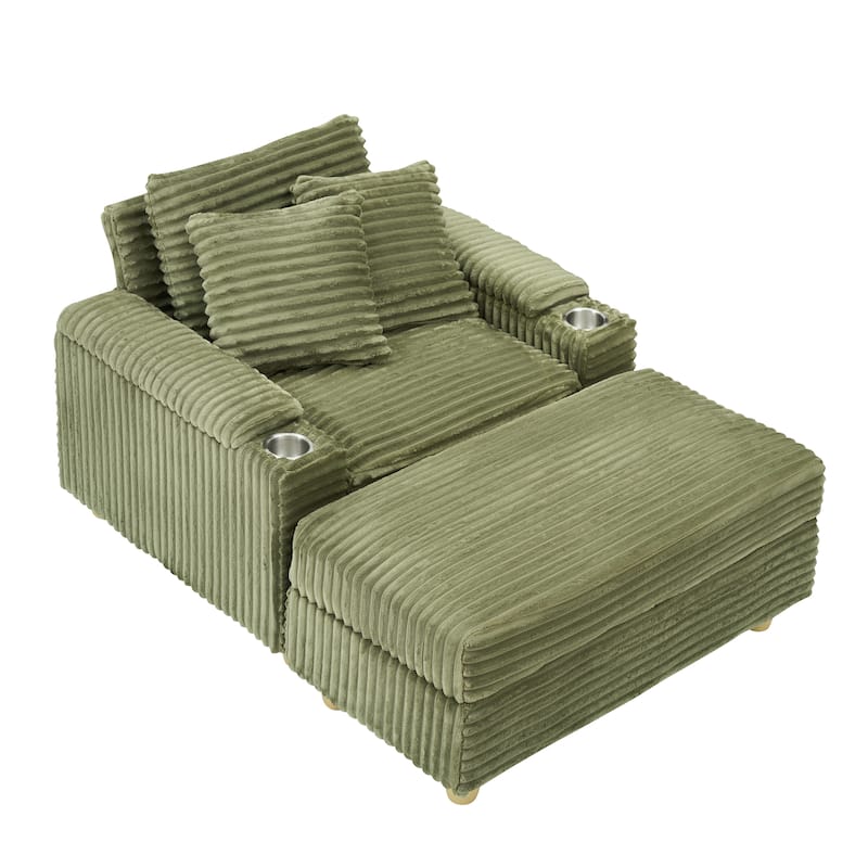 Corduroy Accent Chair & Storage Ottoman Set of 2, Single Sofa Armchair Lounge Chair with Pillows & Cup Holders