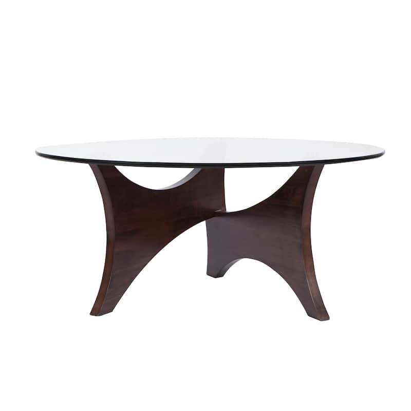 HomeRoots 35" Clear And Brown Glass And Wood Round Coffee Table - 35.43' X '18.11' X '35.43