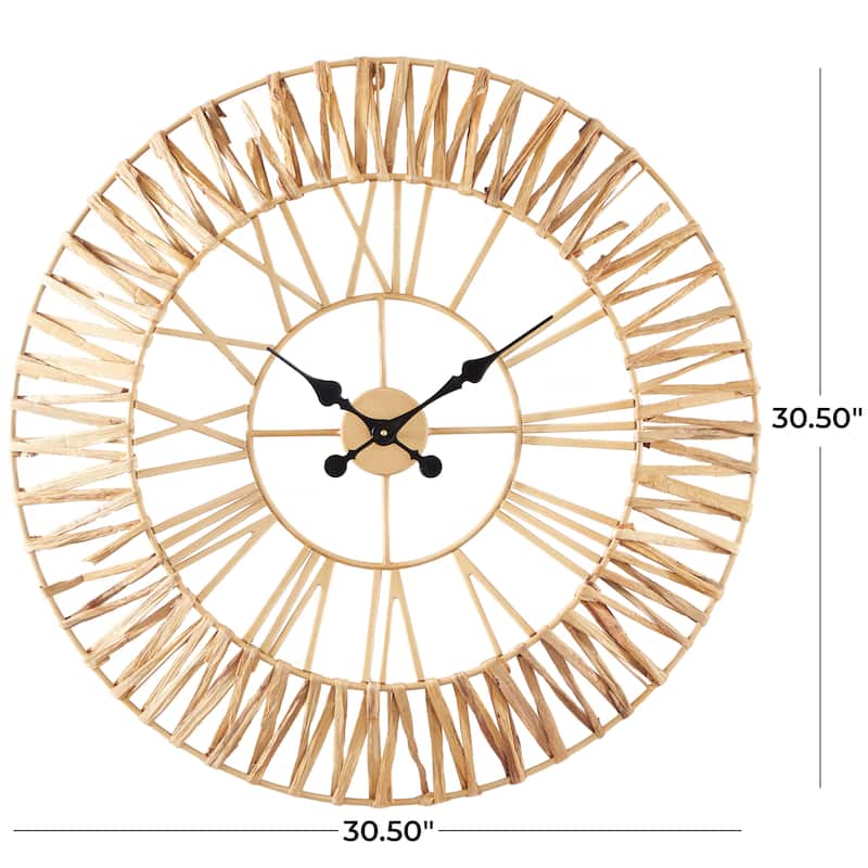 Seagrass Round Wall Clock with Weaving Design - Gold - Roche River Decor - 2"W x 31"L x 31"H