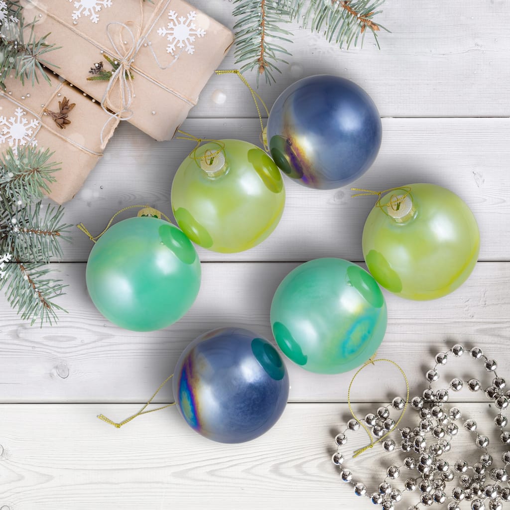 Shiny Glass Ball Christmas Ornaments - 3" (80mm) - Blue, Green and Teal - 6ct
