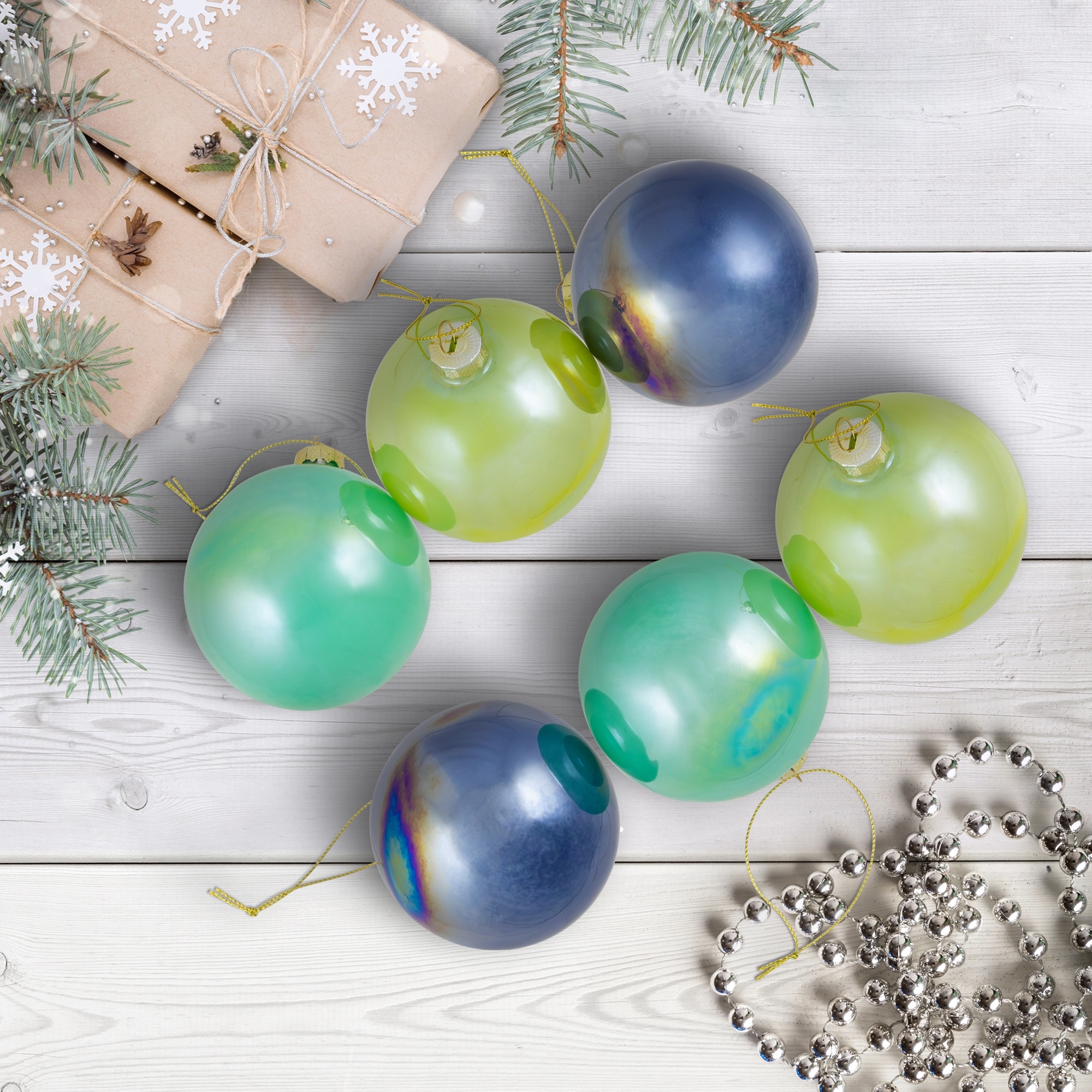Shiny Glass Ball Christmas Ornaments 3" (80Mm) Blue, Green Teal 6Ct