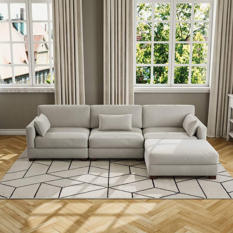 Corduroy Modular Sectional Sofa with Ottoman and Pillows