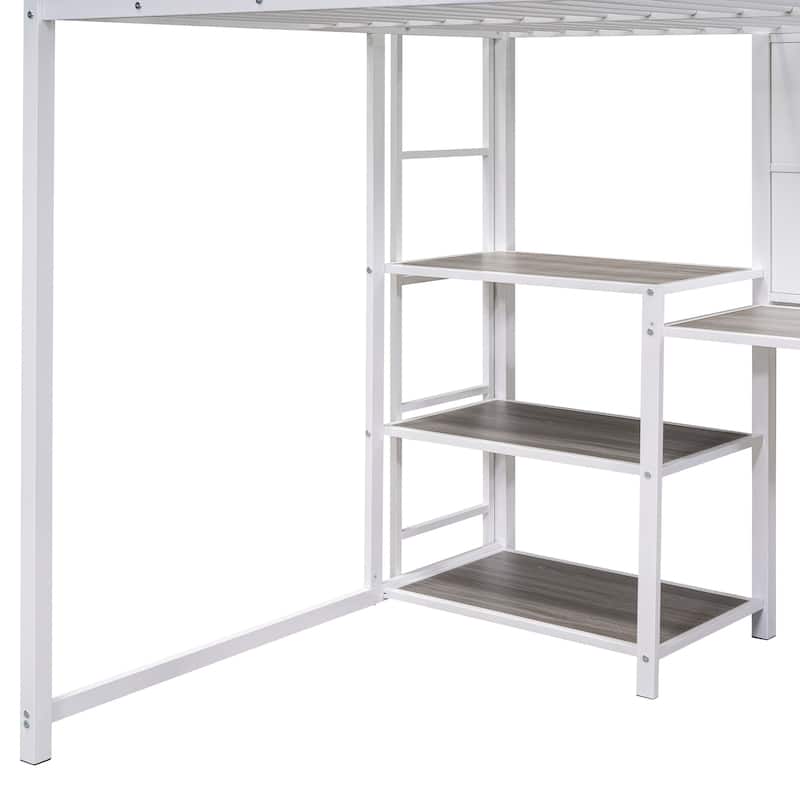 Metal Bed Frame Kids Loft Bed with Desk and Whiteboard, 3 Shelves and Ladder, Metal Slat Support