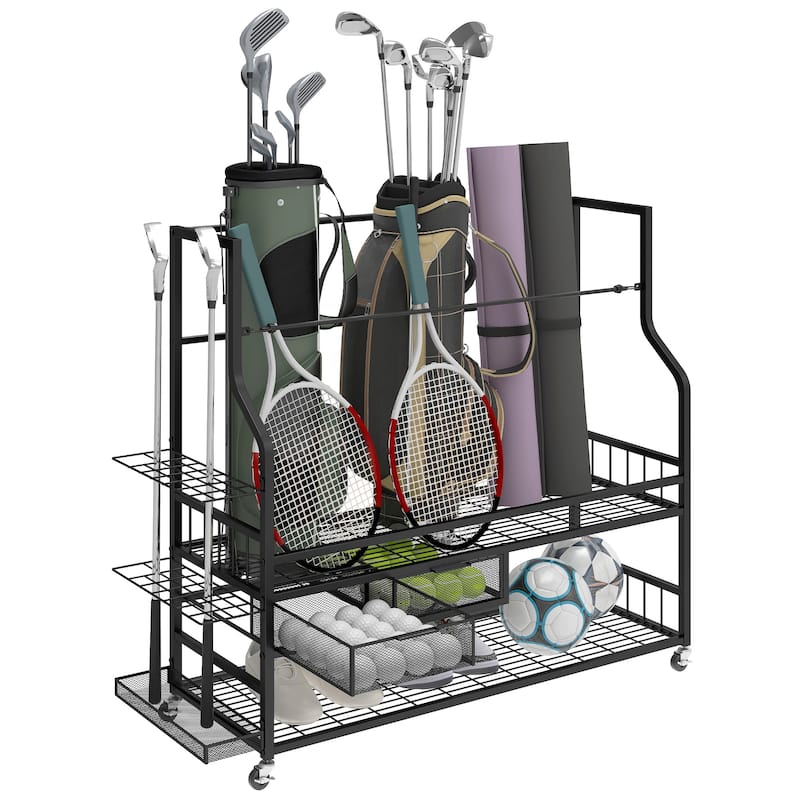 Moasis 4 Slot Golf Bag Storage Rack with Wheels and Drawer for Clubs and Balls