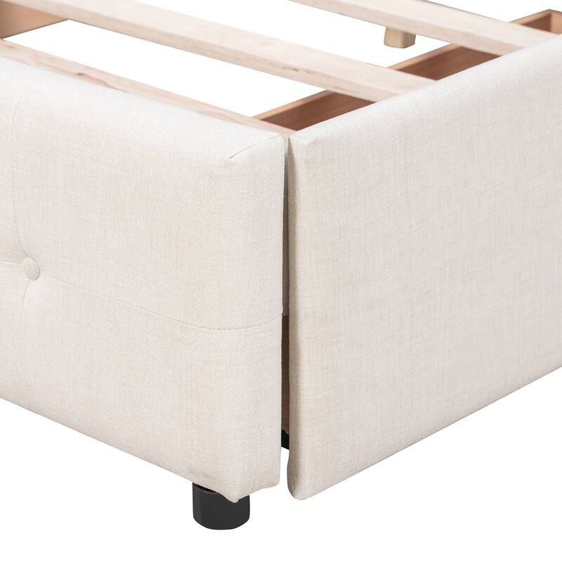 Queen Size Upholstered Platform Bed with Headboard and 4 Drawers, Linen Fabric, No Box Spring Needed