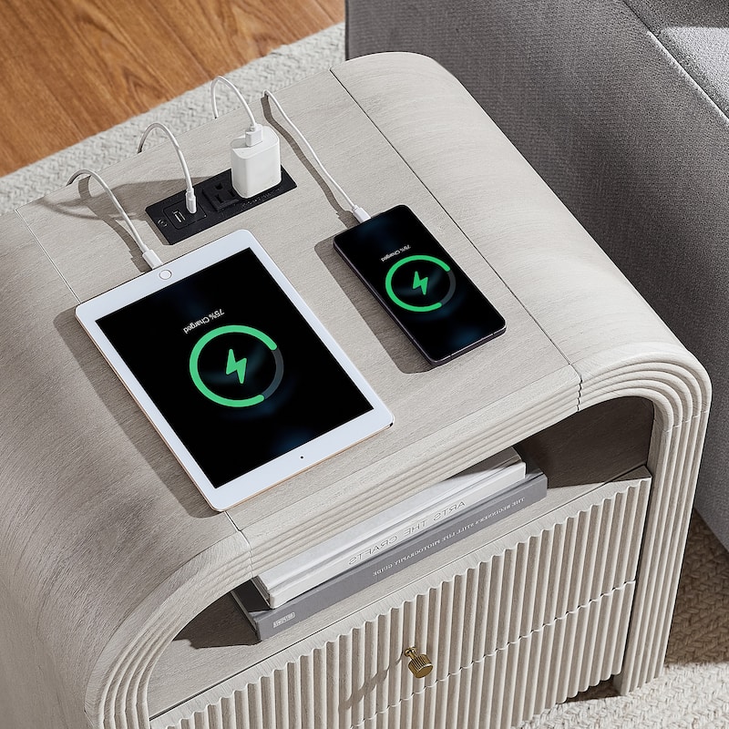 Modern Fluted Nightstand with Charging Station, Arched End Table
