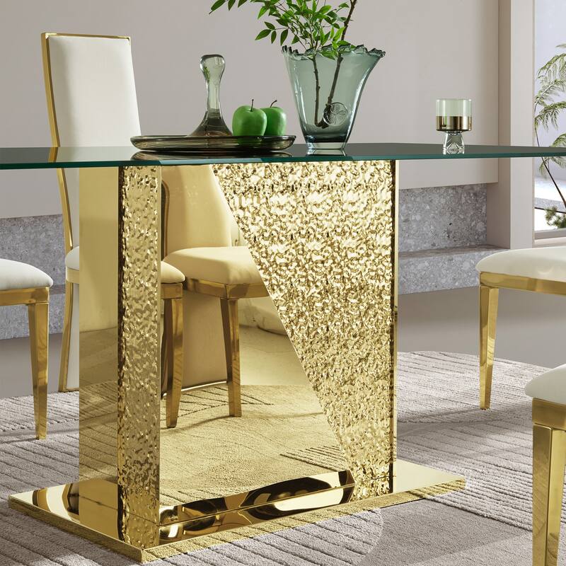 Gold stainless steel legs dining table 70.08 inch black tempered glass top