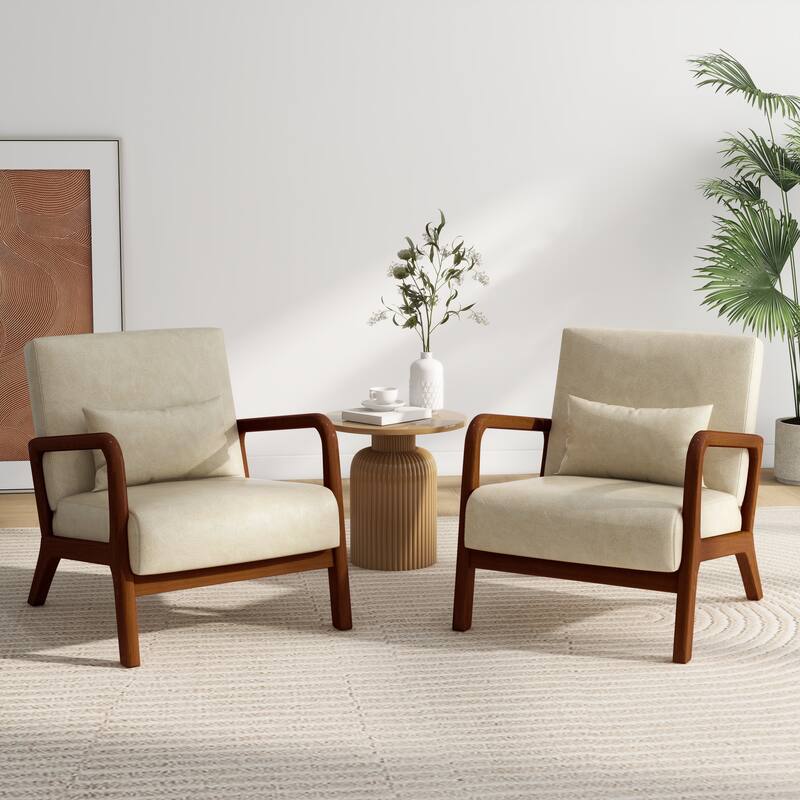 2 Set Mid Century ModernUpholstered Accent Chairs Armchair with Pillow - Dark Wood - Cream & PU