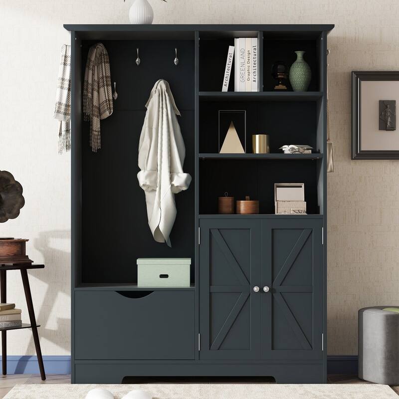 73.2"H Multi-functional Hall Tree with Storage Shelves Drawers and Cabinet - Antique Blue
