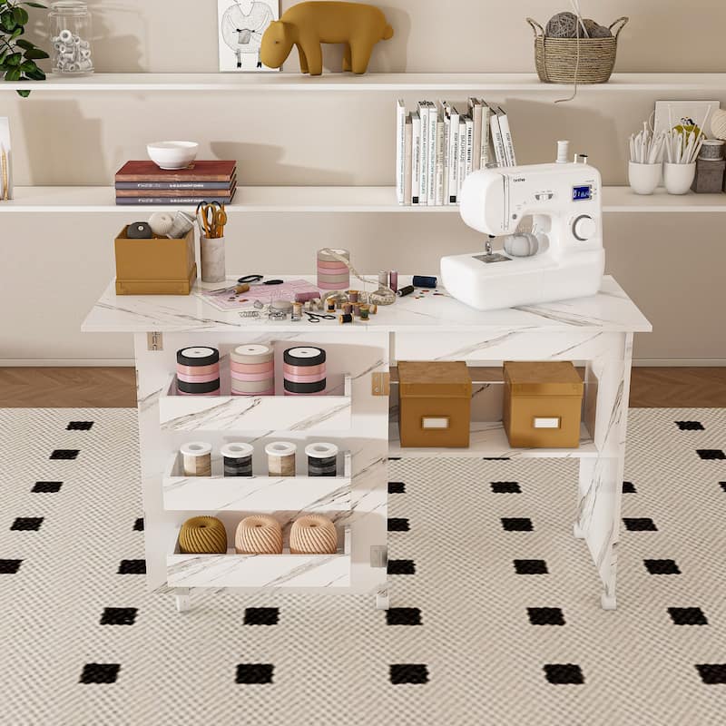 4-in-1 Folding Sewing & Craft Table with Storage, Rolling Workstation Display Cabinet End Table Dining Table - White