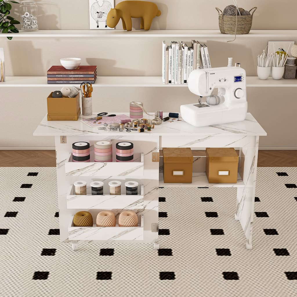 4-in-1 Folding Sewing & Craft Table with Storage, Rolling Workstation Display Cabinet End Table Dining Table