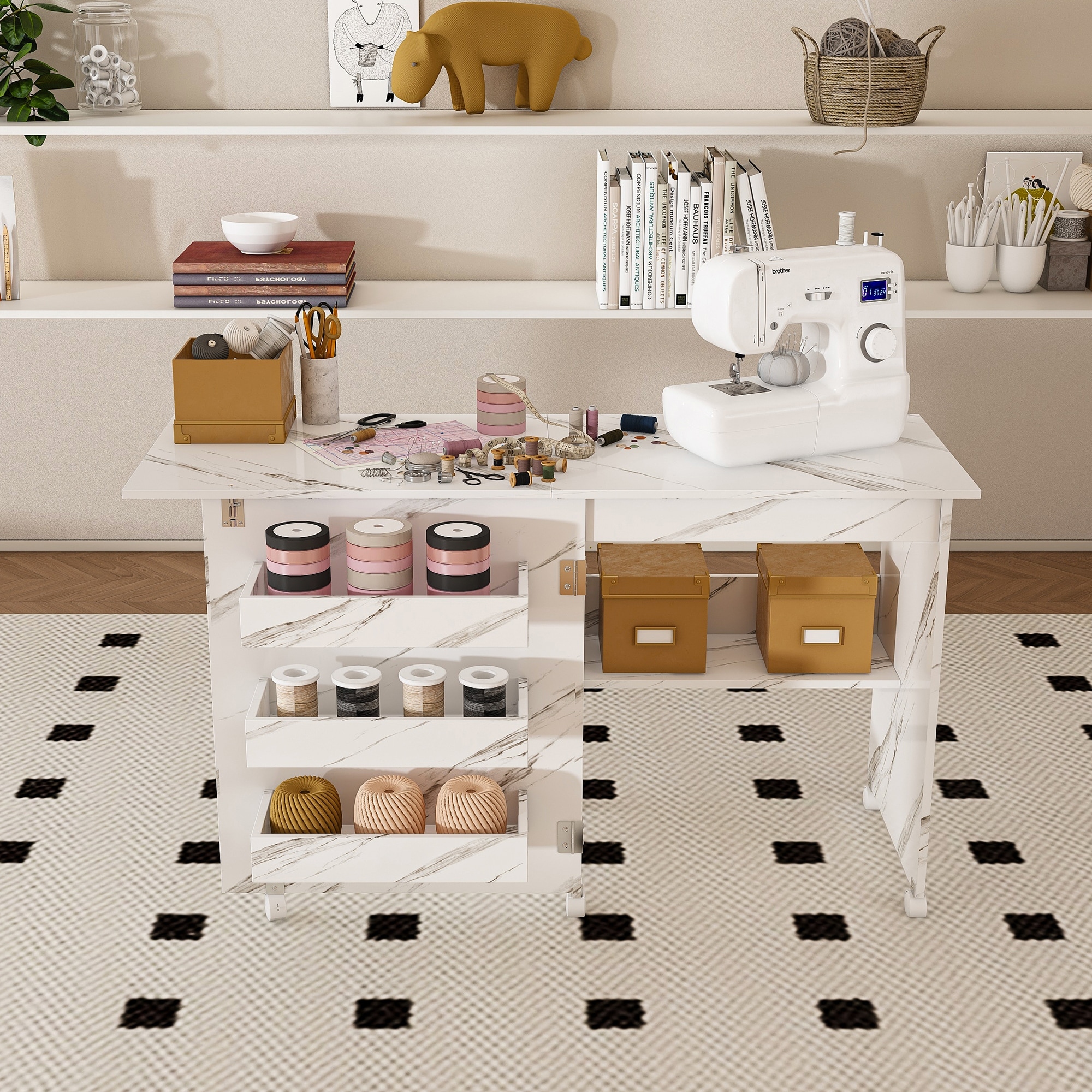 Roomfitters 4 in 1 Folding Sewing Table on Wheels, Craft Station with Shelves, Rolling Workbench & Storage, White