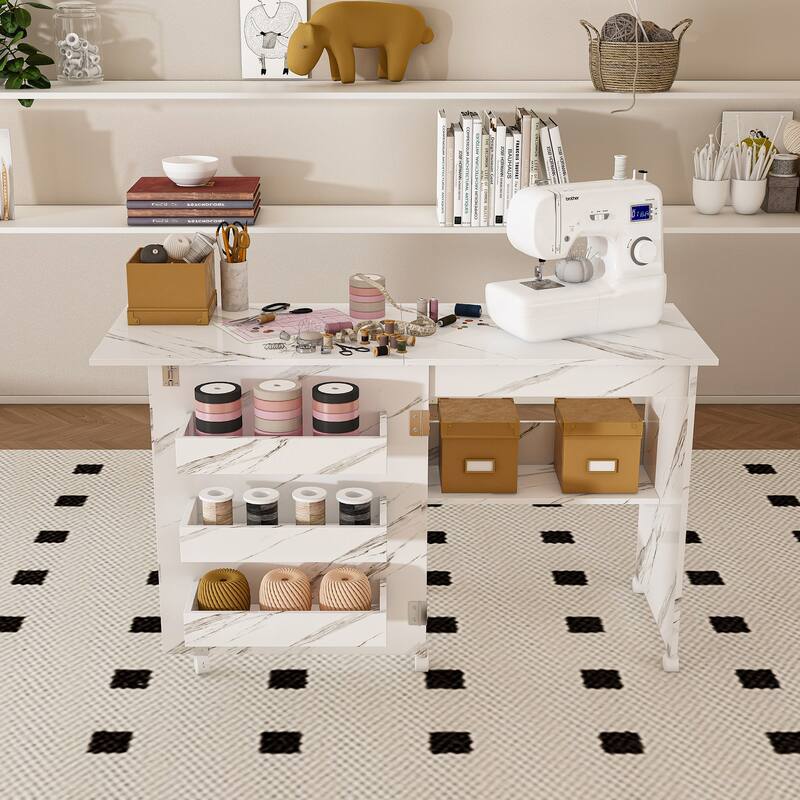 White 4-in-1 Foldable Sewing Table with Storage Shelves and Lockable Wheels Reinforced Steel Hinges