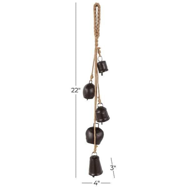 dimension image slide 2 of 3, Gold, White or Black Metal Tibetan Inspired Cascading Indoor Outdoor Decorative Cow Bells with 5 Bells on Jute Hanging Rope