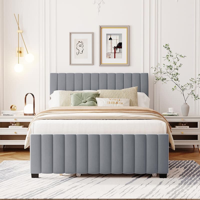 Full Size Platform Bed Stylish Velvet Upholstered Bed Frame with Headboard and Footboard & Pull Out Twin Size Trundle - Grey - Full