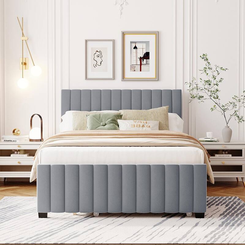 Twin/Full Size Velvet Upholstered Platform Bed Frame with Twin Size Trundle and Vertical Headboard, Wooden Slats Support - Gray - Full