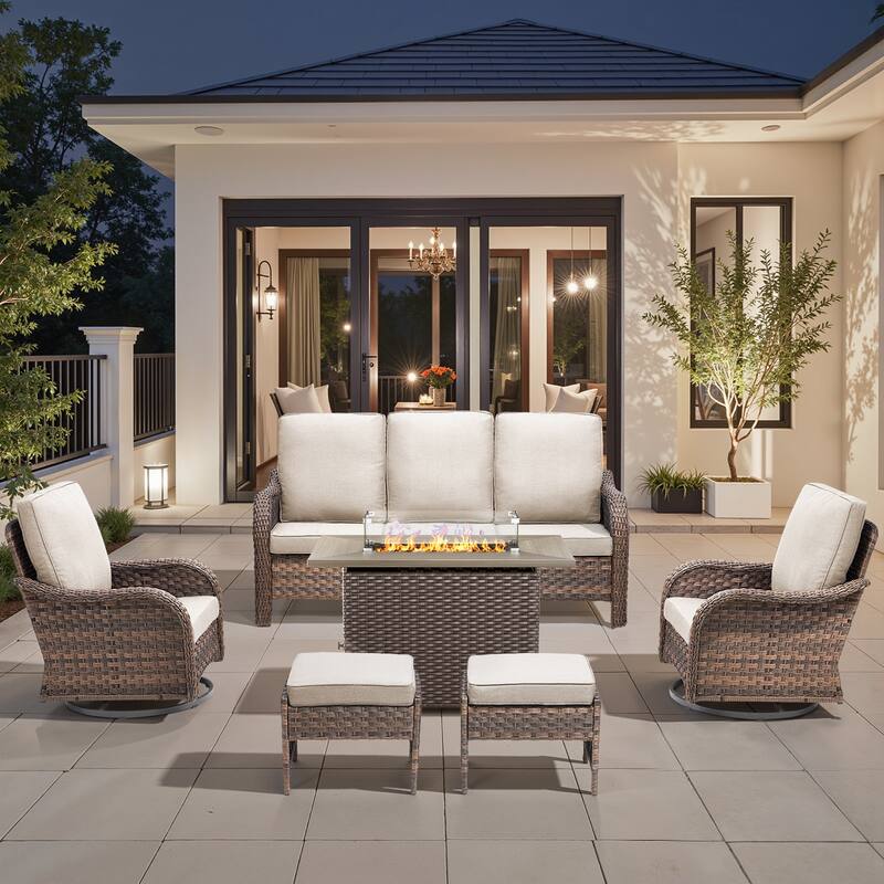 Pocassy Patio Funiture Sofa Swivel Chairs Ottoman with Fire Table Set - Beige Cushion - Brown Wicker - 6-Piece Sofa Swivel Chair Ottoman w/ Fire Table