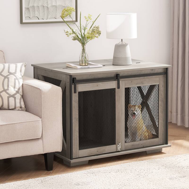 Flip-Top Plate Dog House Dog Cage Crate Furniture with Sliding Barn Door, Dog Kennel End Table with Detachable Divider