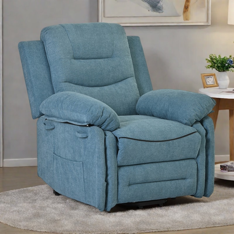Standard Size Linen Power Lift Recliner Chair with Massage, Heating, and Side Storage Pocket - Blue