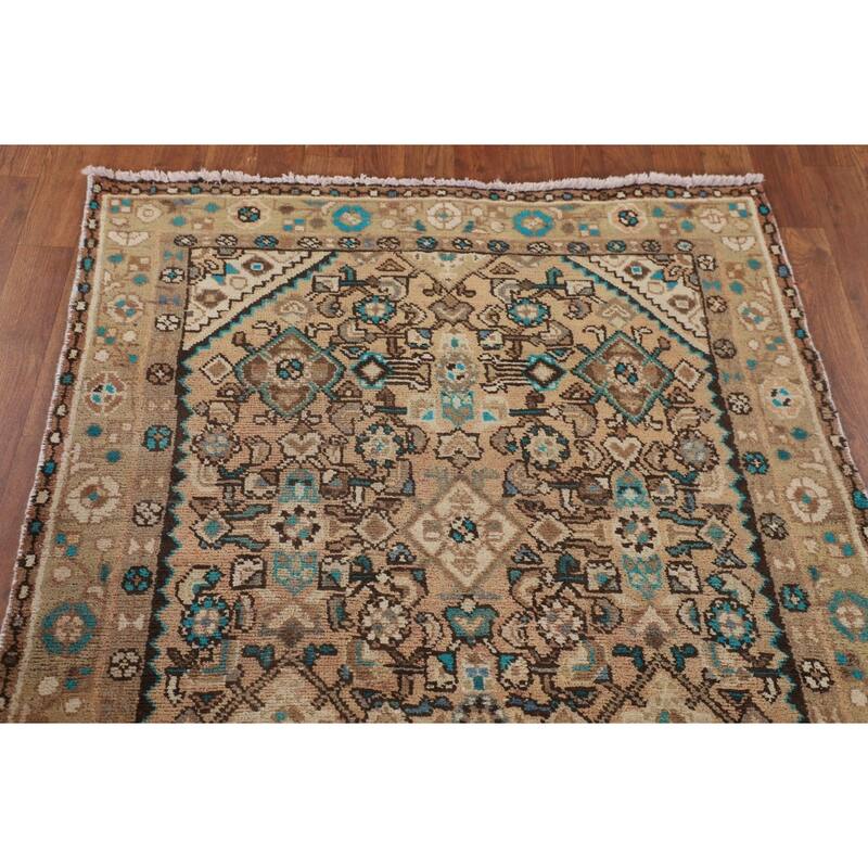 Geometric Hamedan Persian Vintage Runner Rug Handmade Wool Carpet - 3'5" x 9'5"
