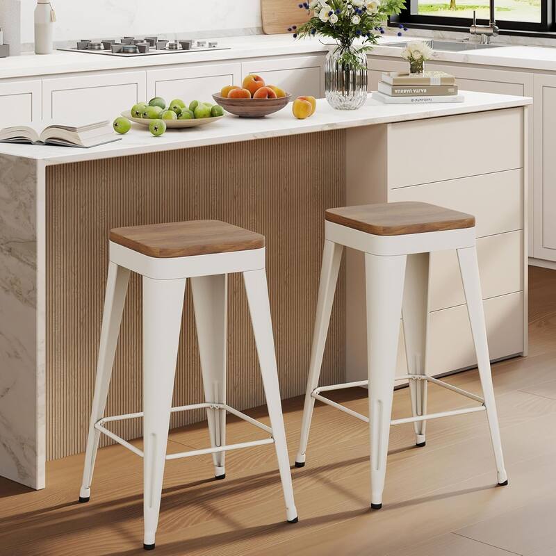Counter & Bar Stools with Metal Frame Kitchen Stools Backless Kitchen Bar Furniture Stools with Square Wooden Seat - Off-White - Set of 2 - Bar Height
