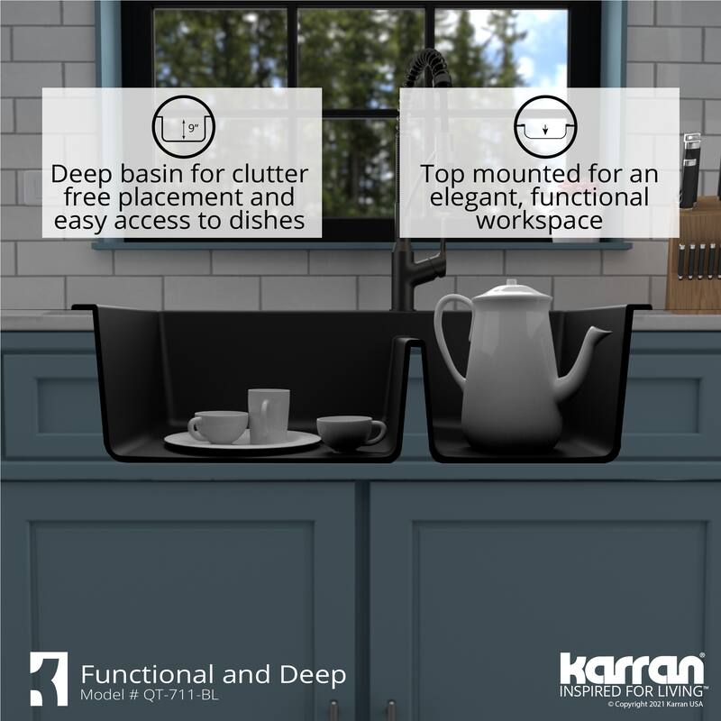 Karran Drop-In Quartz 33 in. 1-Hole 60/40 Double Bowl Kitchen Sink Kit