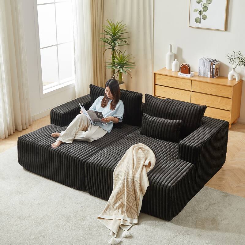 87'' Lounge Chaise Sleeper Sofa - Soft Corduroy Couch with Ottoman Bench and Pillow Support