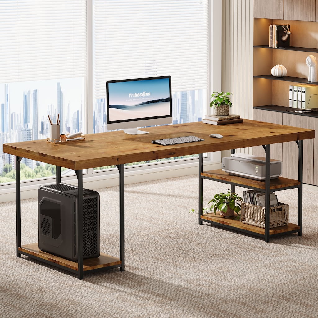 71'' Extra Long Desk with Shelves, Solid Wood Home Office Computer Desk