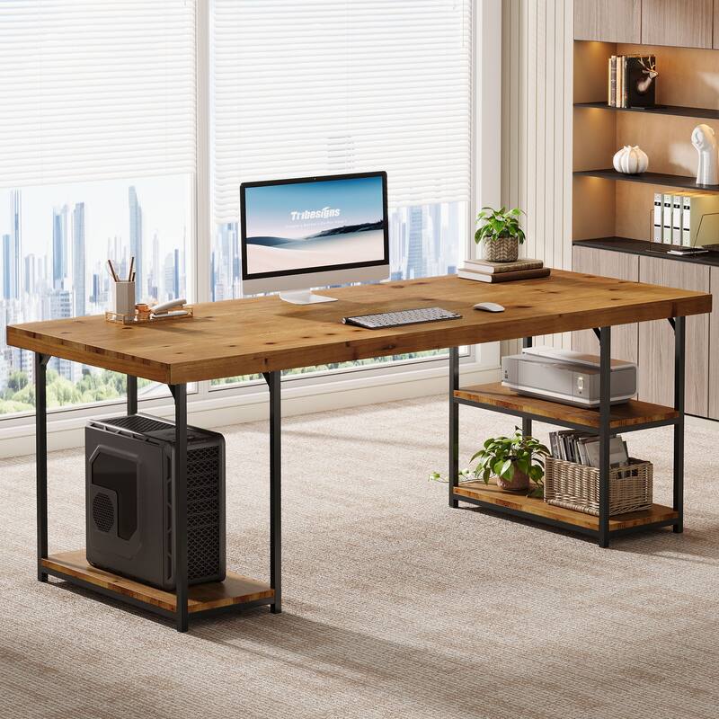 71 Inch Large Computer Desk with Shelves, Solid Wood Writing Desk for Home Office, Gaming