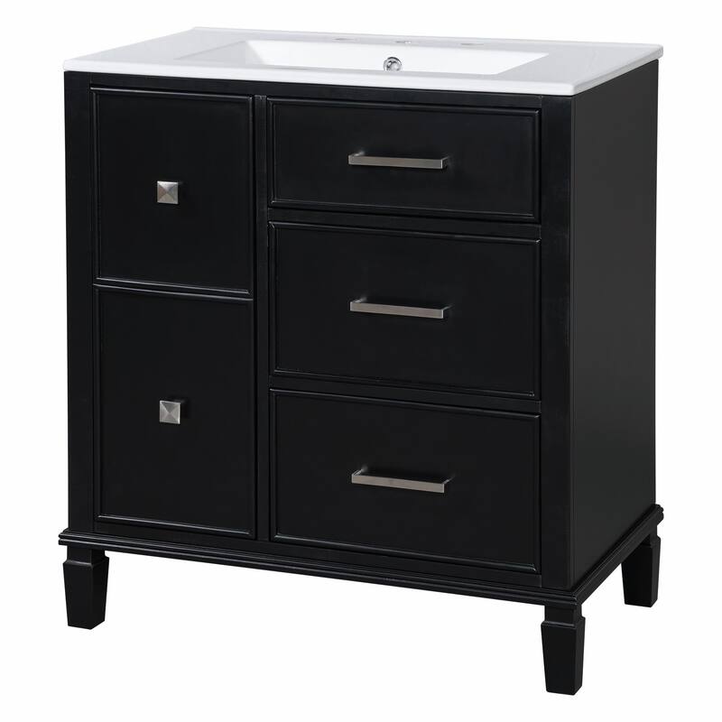 30" Bathroom Vanity with Ceramic Sink, Flip-Out Plumbing Drawer, Soft Close Doors & Drawers
